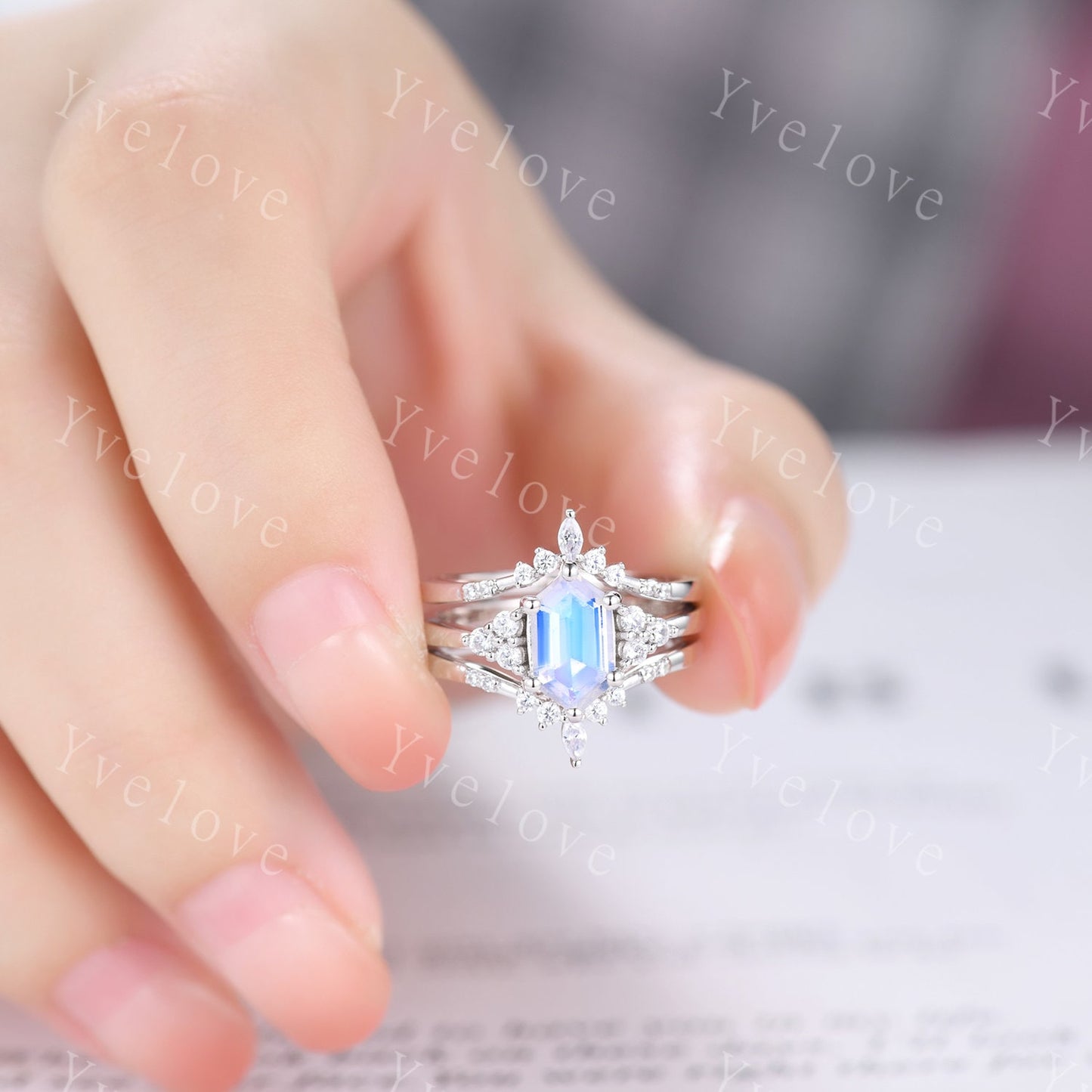 Retro Long hexagon Moonstone Ring,Vintage Sterling Silver Ring Set,Unique Engagement Ring Set,Enhancer Ring,Anniversary Ring Gift For Her