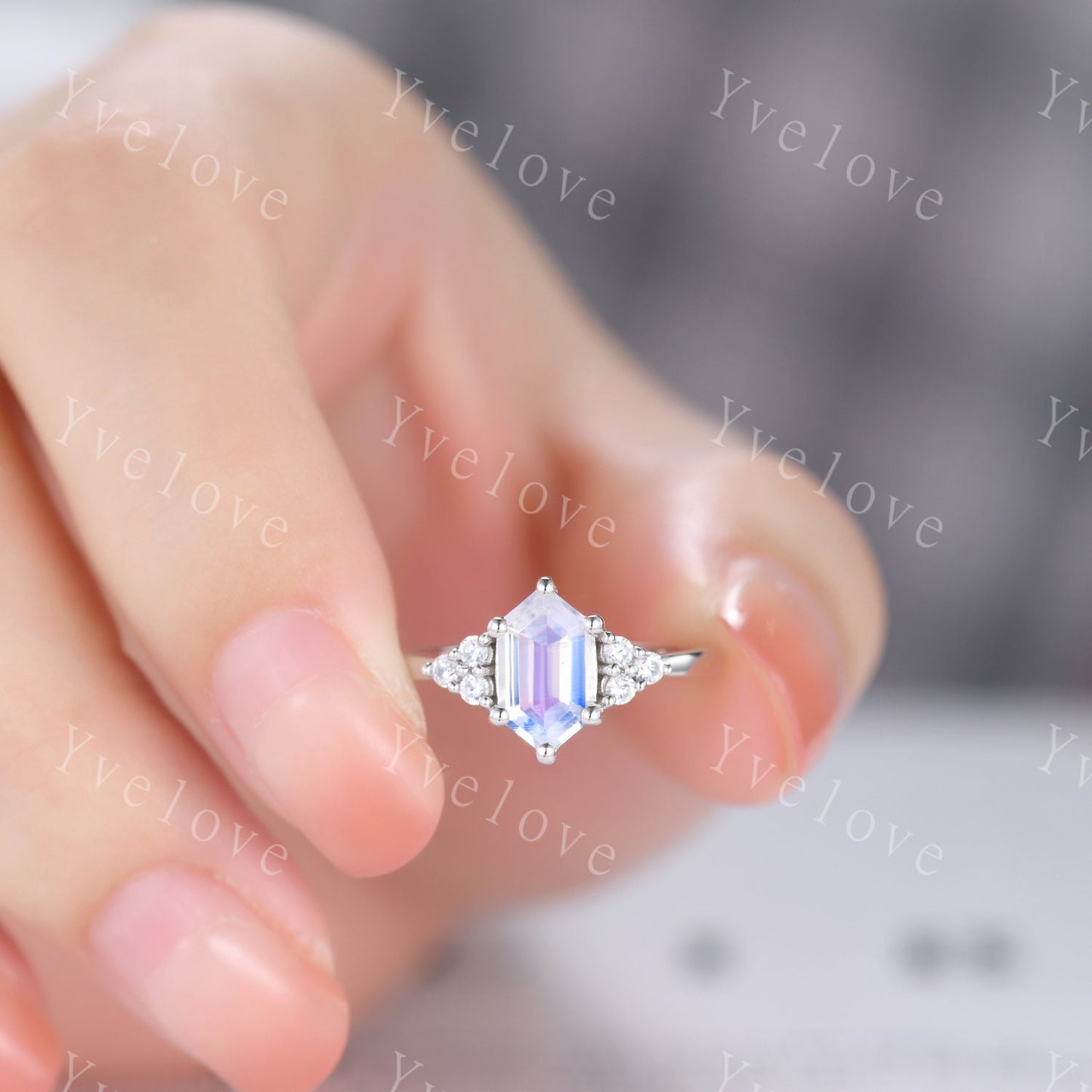 Retro Long hexagon Moonstone Ring,Vintage Sterling Silver Ring Set,Unique Engagement Ring Set,Enhancer Ring,Anniversary Ring Gift For Her
