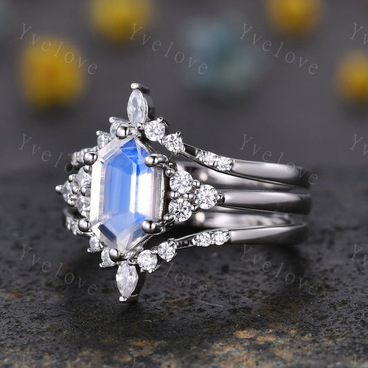 Retro Long hexagon Moonstone Ring,Vintage Sterling Silver Ring Set,Unique Engagement Ring Set,Enhancer Ring,Anniversary Ring Gift For Her