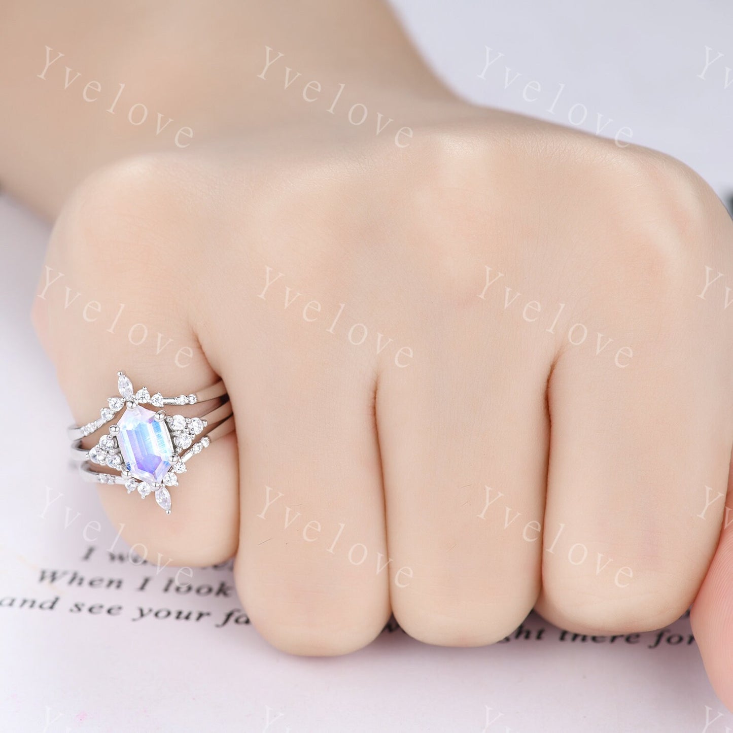Retro Long hexagon Moonstone Ring,Vintage Sterling Silver Ring Set,Unique Engagement Ring Set,Enhancer Ring,Anniversary Ring Gift For Her