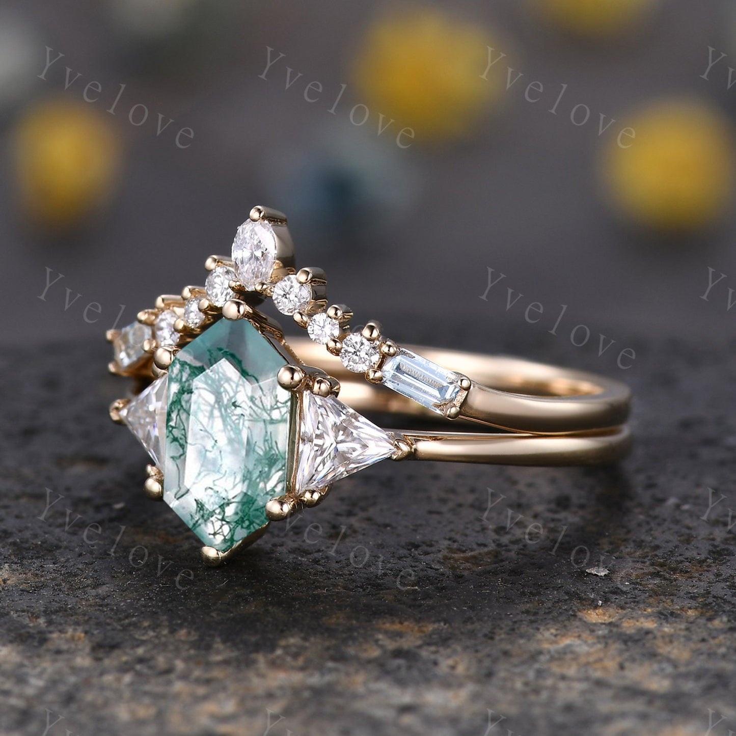 Retro hexagon cut Moss Agate Ring,Vintage Moissanite Gold Ring,Unique Engagement Ring Set,Baguette Aquamarine Promise Ring,Bridal Ring Gift