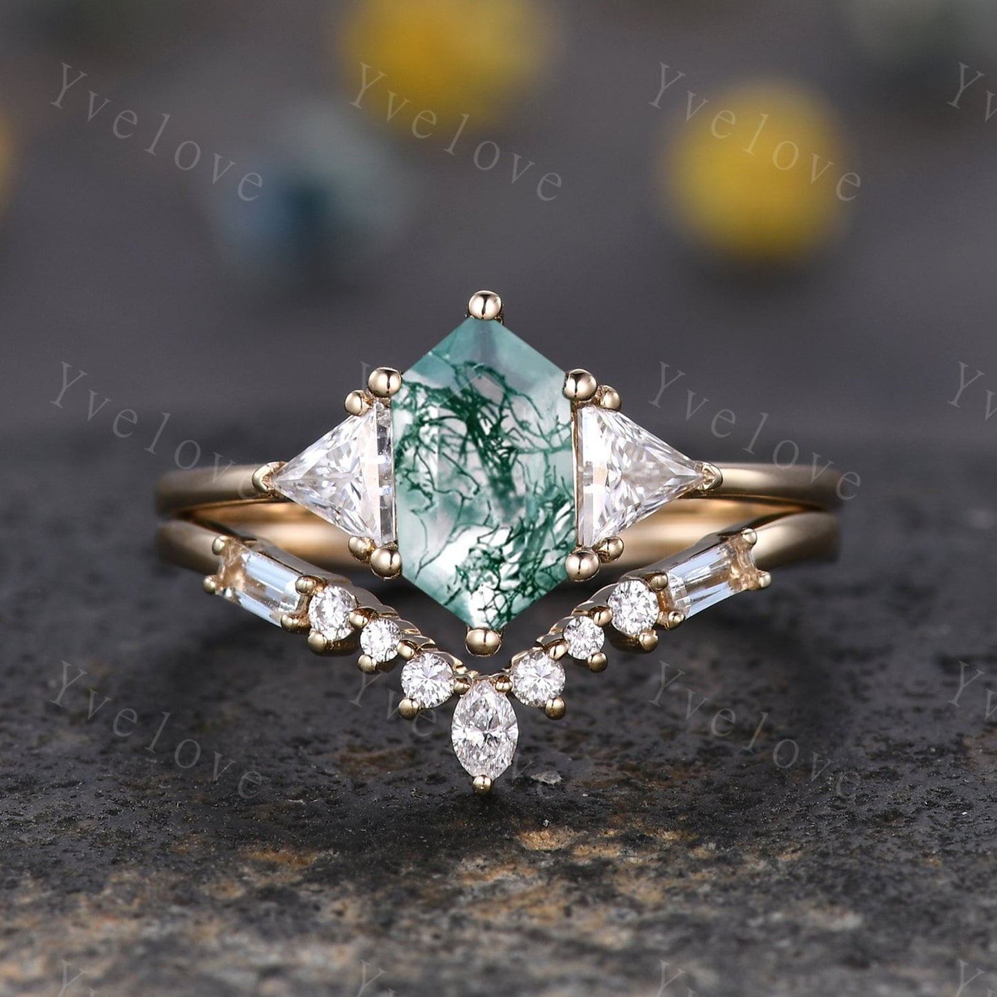 Retro hexagon cut Moss Agate Ring,Vintage Moissanite Gold Ring,Unique Engagement Ring Set,Baguette Aquamarine Promise Ring,Bridal Ring Gift