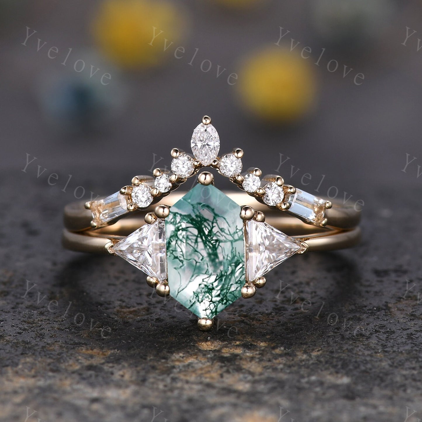 Retro hexagon cut Moss Agate Ring,Vintage Gold Ring,Triangle Moissanite Jewelry,Unique Engagement Ring,Promise Ring,Bridal Ring Gift For Her