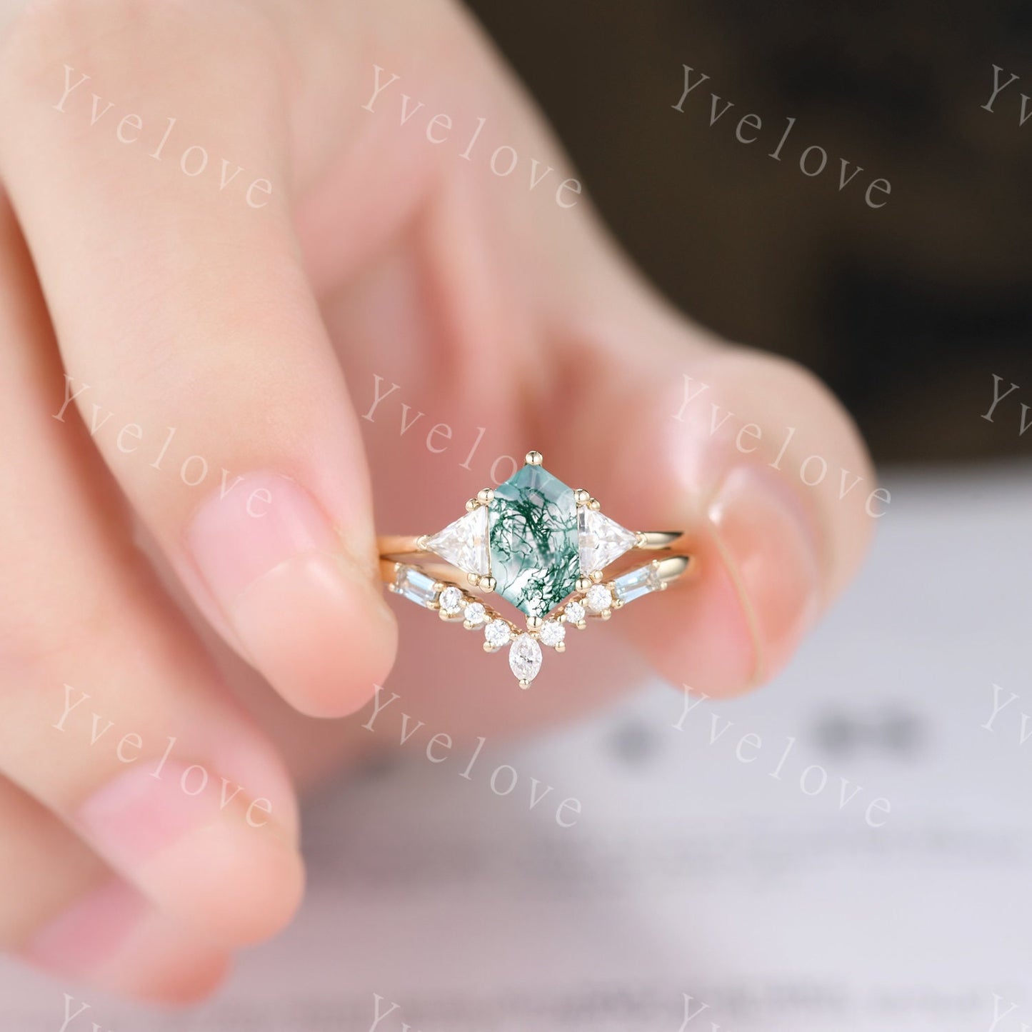 Retro hexagon cut Moss Agate Ring,Vintage Moissanite Gold Ring,Unique Engagement Ring Set,Baguette Aquamarine Promise Ring,Bridal Ring Gift