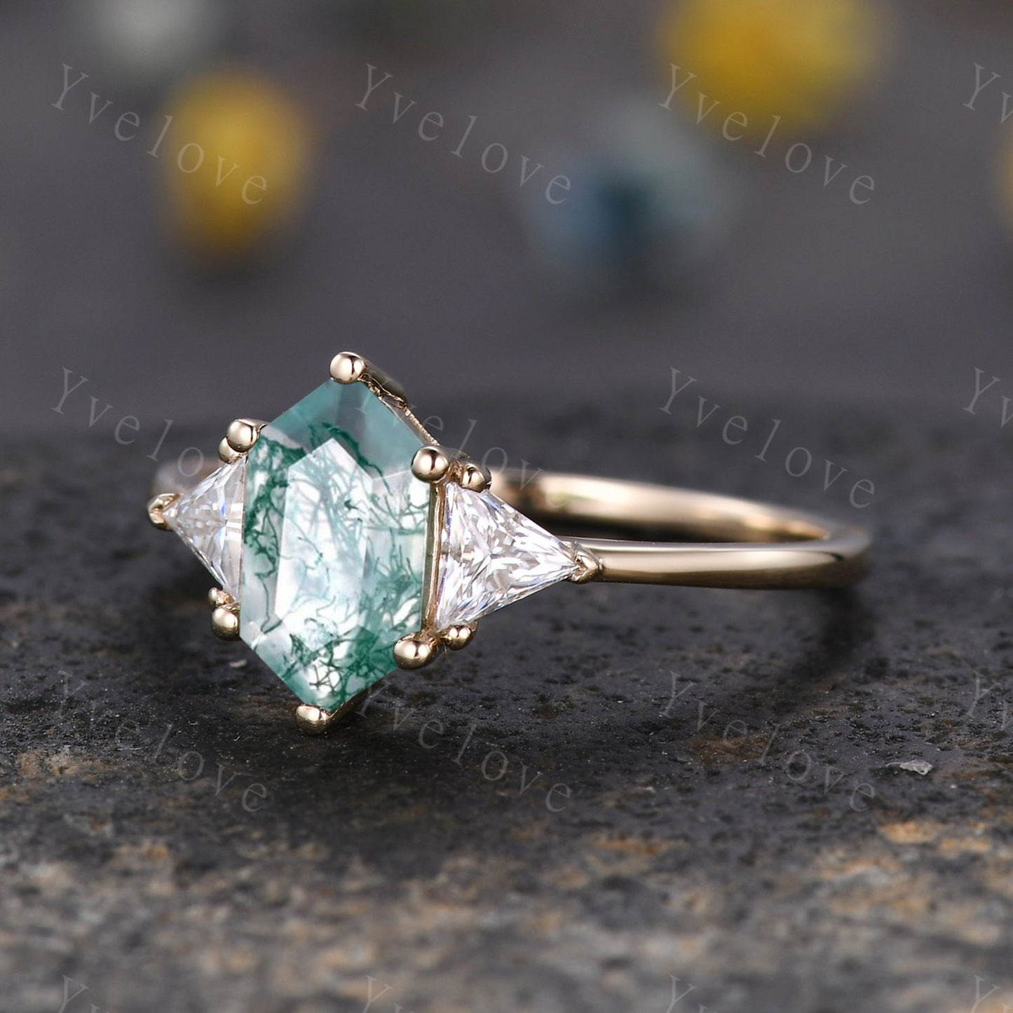 Retro hexagon cut Moss Agate Ring,Vintage Gold Ring,Triangle Moissanite Jewelry,Unique Engagement Ring,Promise Ring,Bridal Ring Gift For Her