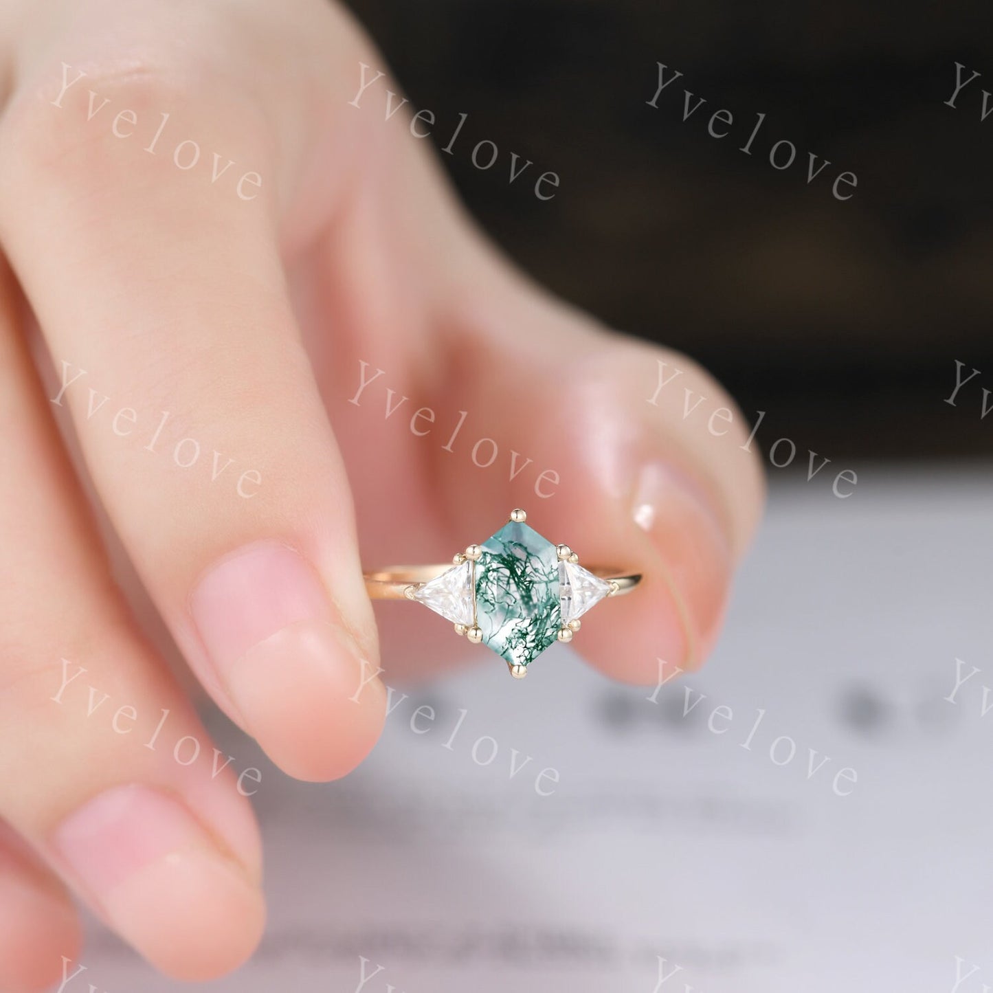 Retro hexagon cut Moss Agate Ring,Vintage Gold Ring,Triangle Moissanite Jewelry,Unique Engagement Ring,Promise Ring,Bridal Ring Gift For Her