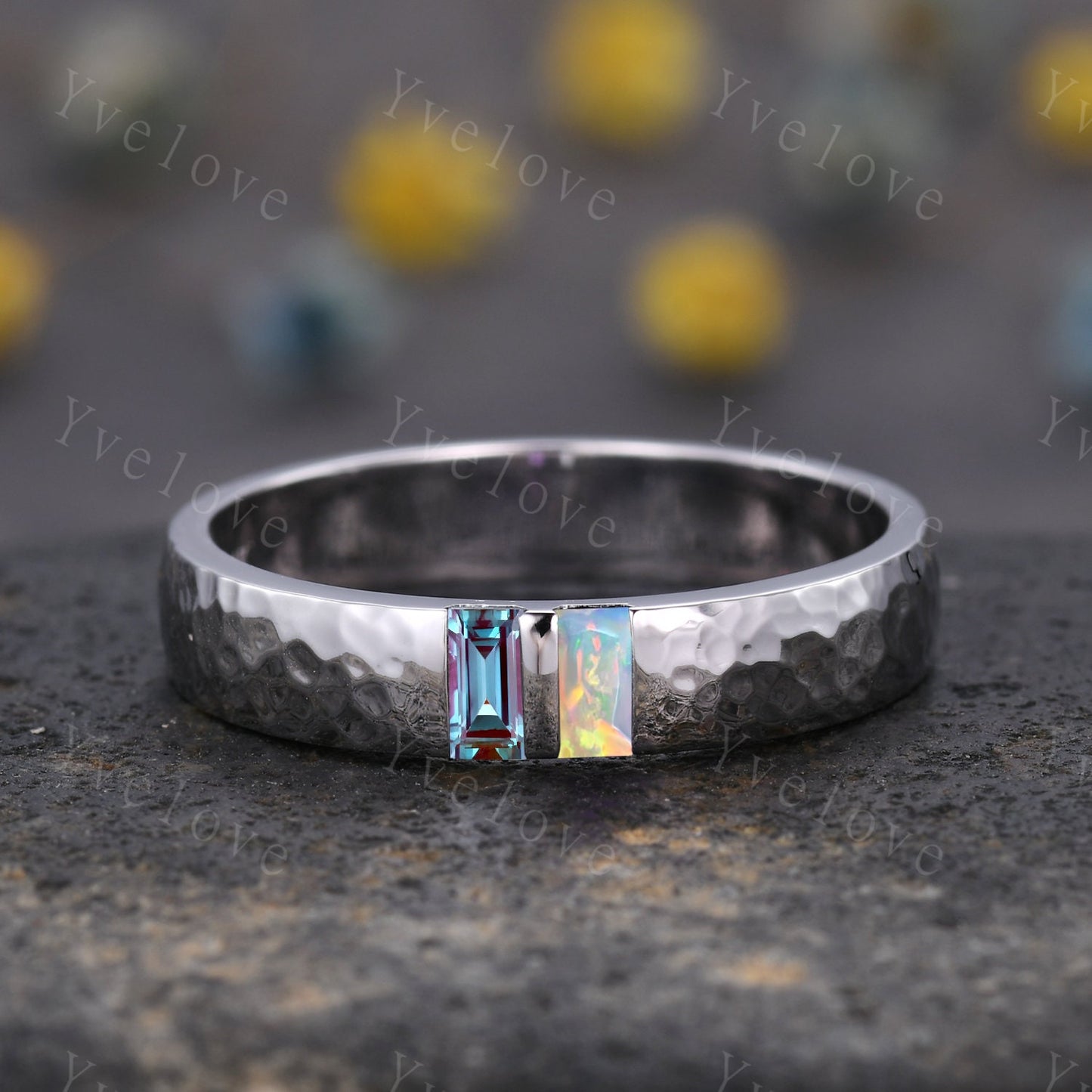 Custom order for Debra, 14k yellow gold, baguette alexandrite, real diamond and white opal, size 12 1/4