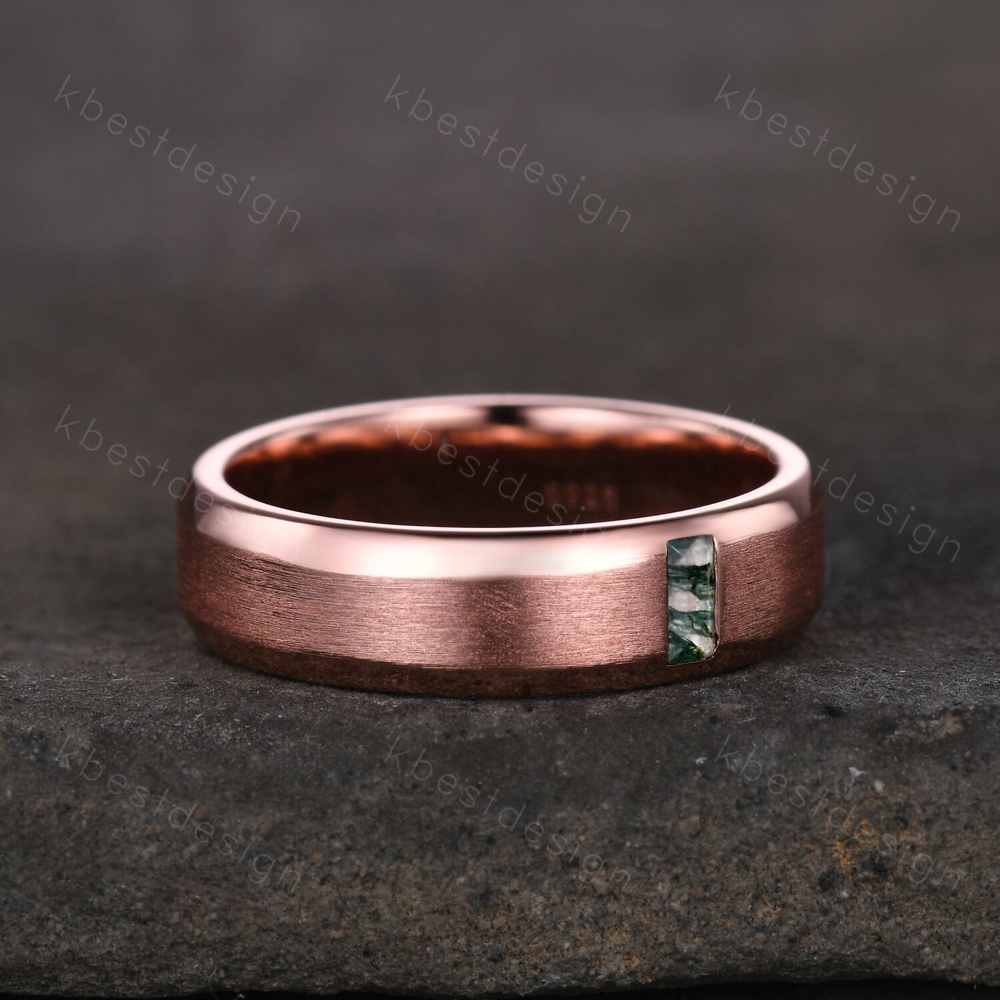 Mens Moss Agate Wedding Band Unique Baguette cut Green Moss Agate Wedding Ring For Men Brushed Finish Band Ring Promise Gift For Husband