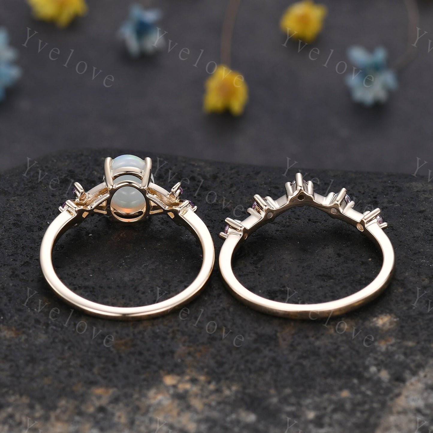 Natural Oval Opal Engagement Ring,White Fire Opal Bridal Set,Amethyst Alexandrite Stacking Band,Cluster Women 14K Gold Ring,Handmade Gift