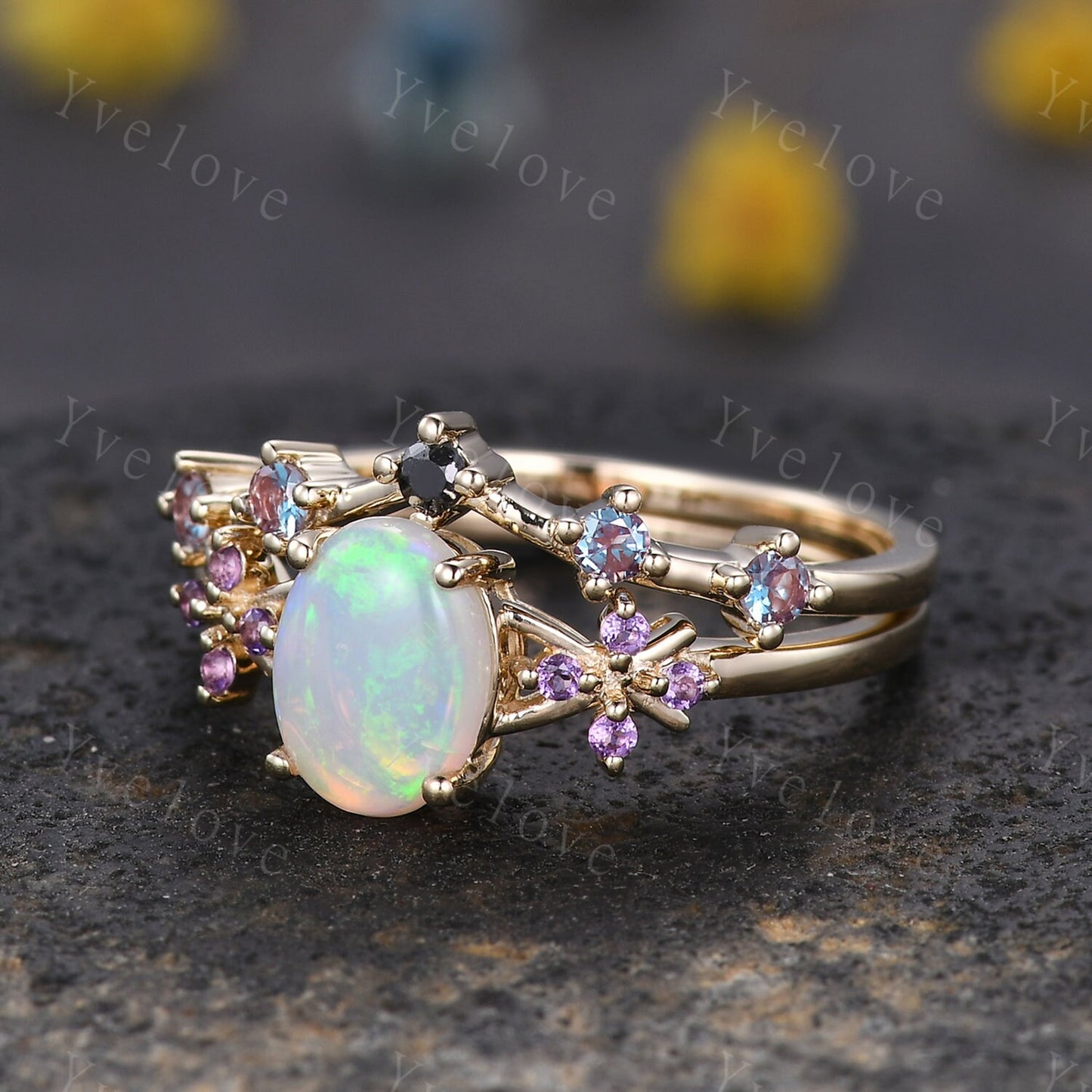 Natural Oval Opal Engagement Ring,White Fire Opal Bridal Set,Amethyst Alexandrite Stacking Band,Cluster Women 14K Gold Ring,Handmade Gift