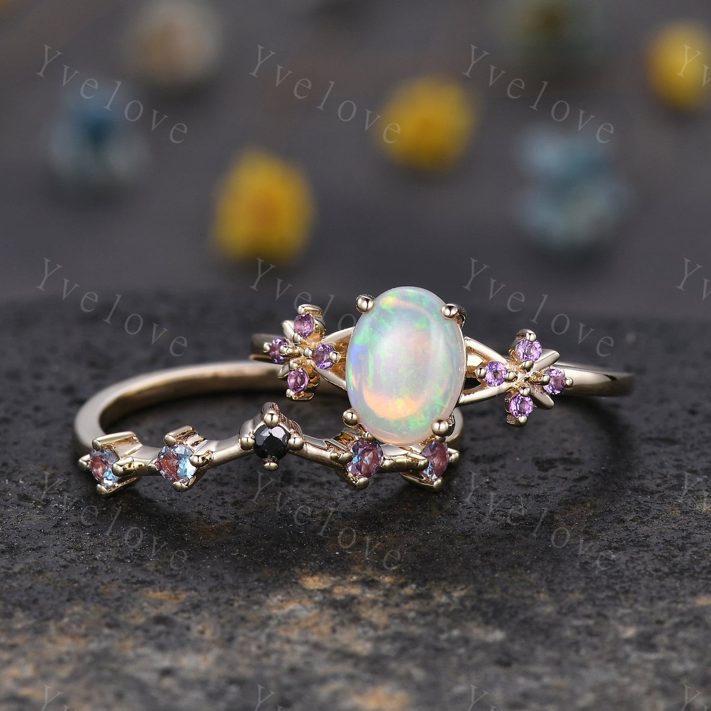 Natural Oval Opal Engagement Ring,White Fire Opal Bridal Set,Amethyst Alexandrite Stacking Band,Cluster Women 14K Gold Ring,Handmade Gift
