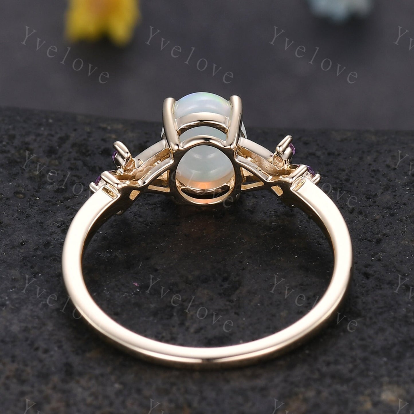 Art Deco Natural Oval Opal Engagement Ring,White Fire Opal Ring,Amethyst Wedding Band,Cluster Ring,Gold Ring,October birthstone Ring Gift
