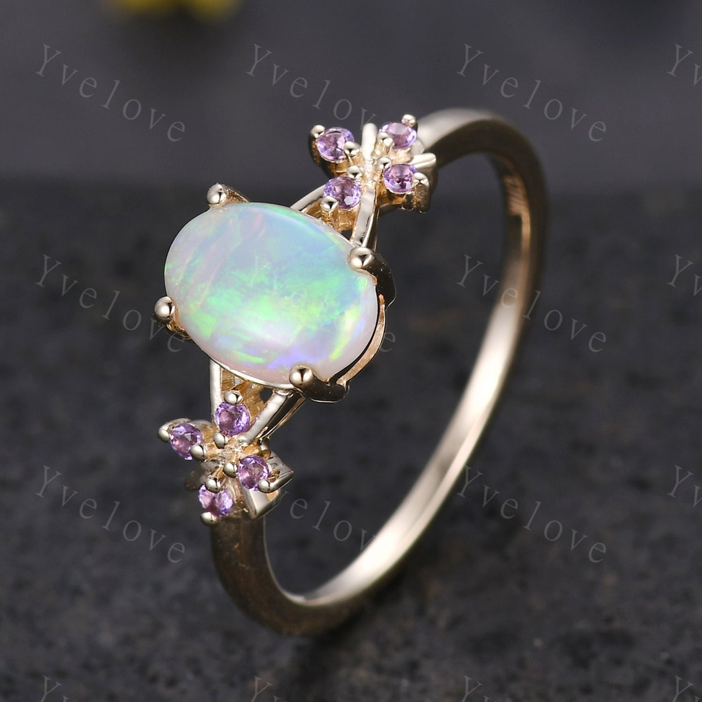 Art Deco Natural Oval Opal Engagement Ring,White Fire Opal Ring,Amethyst Wedding Band,Cluster Ring,Gold Ring,October birthstone Ring Gift