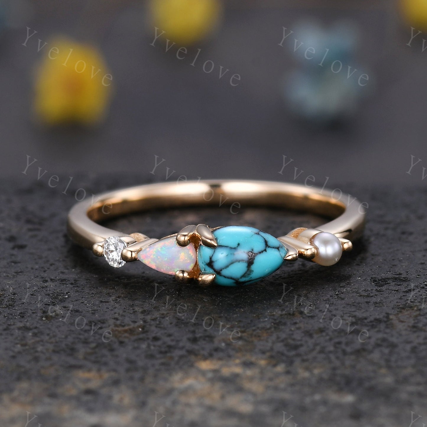 Vintage Turquoise Opal Ring Engagement Ring,Pear Cut Gems,Art Deco Pearl Moissanite Wedding Band,4 Stone Unique Women Bridal Promise Ring