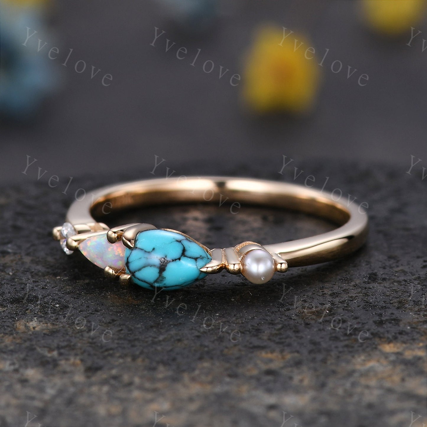 Vintage Turquoise Opal Ring Engagement Ring,Pear Cut Gems,Art Deco Pearl Moissanite Wedding Band,4 Stone Unique Women Bridal Promise Ring