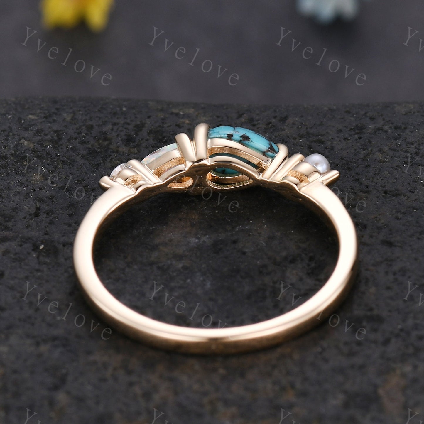 Vintage Turquoise Opal Ring Engagement Ring,Pear Cut Gems,Art Deco Pearl Moissanite Wedding Band,4 Stone Unique Women Bridal Promise Ring