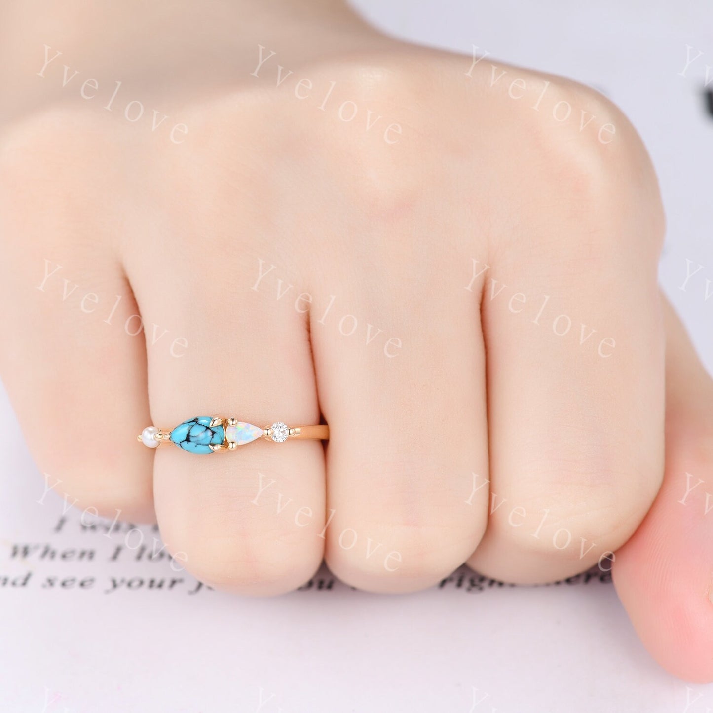 Vintage Turquoise Opal Ring Engagement Ring,Pear Cut Gems,Art Deco Pearl Moissanite Wedding Band,4 Stone Unique Women Bridal Promise Ring