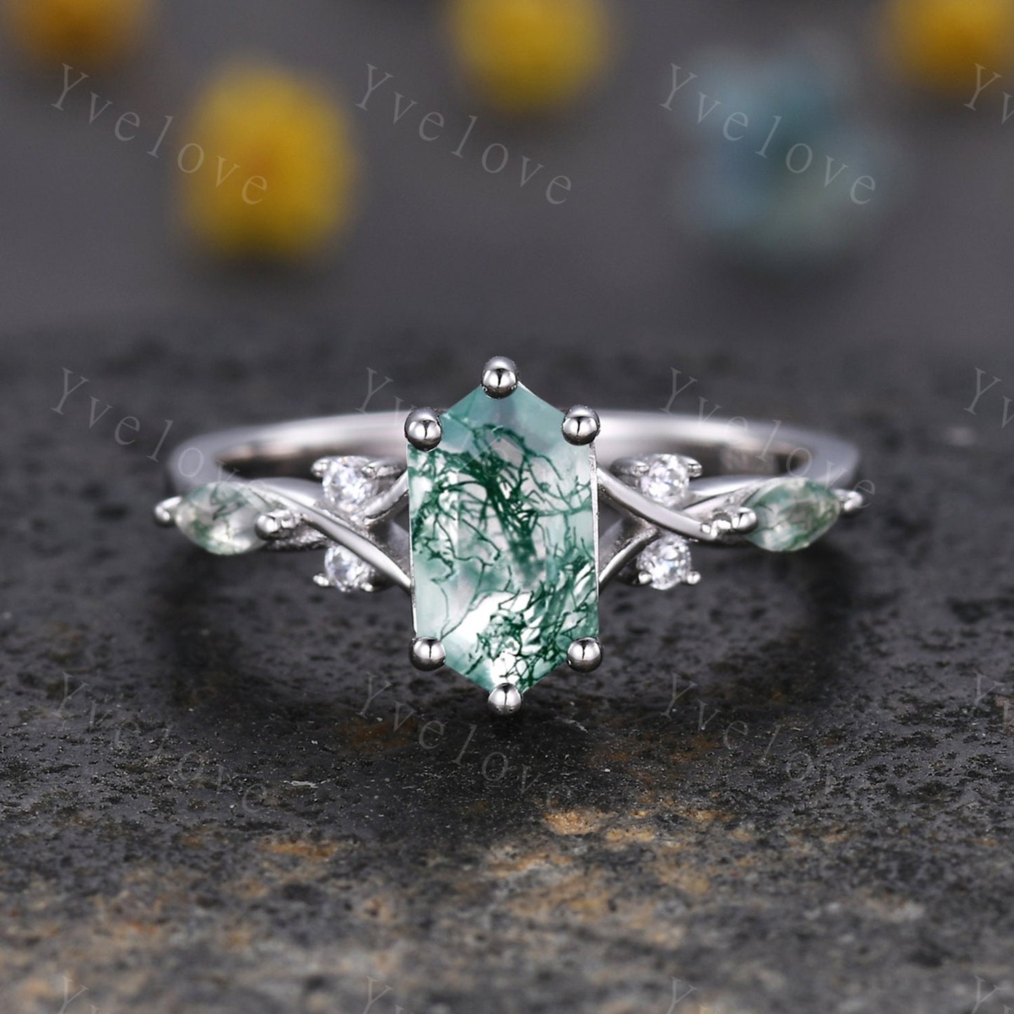 Unique Moss Agate Ring,Green Agate Engagement Ring,Bridal Set,Diamond Matching Stacking Wedding Band,Vine Twig Enhance Band,S925 Silver Ring