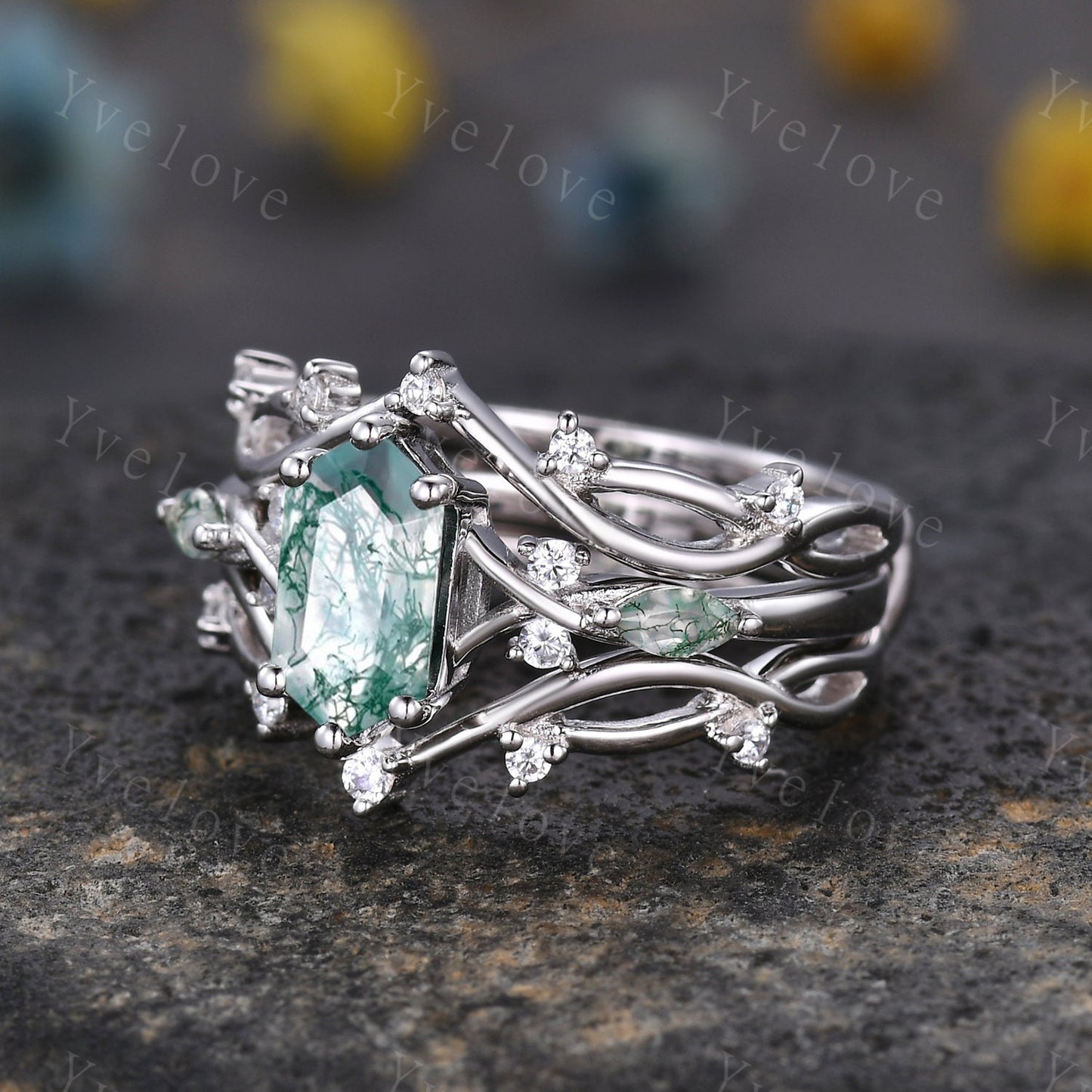 Unique Moss Agate Ring,Green Agate Engagement Ring,Bridal Set,Diamond Matching Stacking Wedding Band,Vine Twig Enhance Band,S925 Silver Ring
