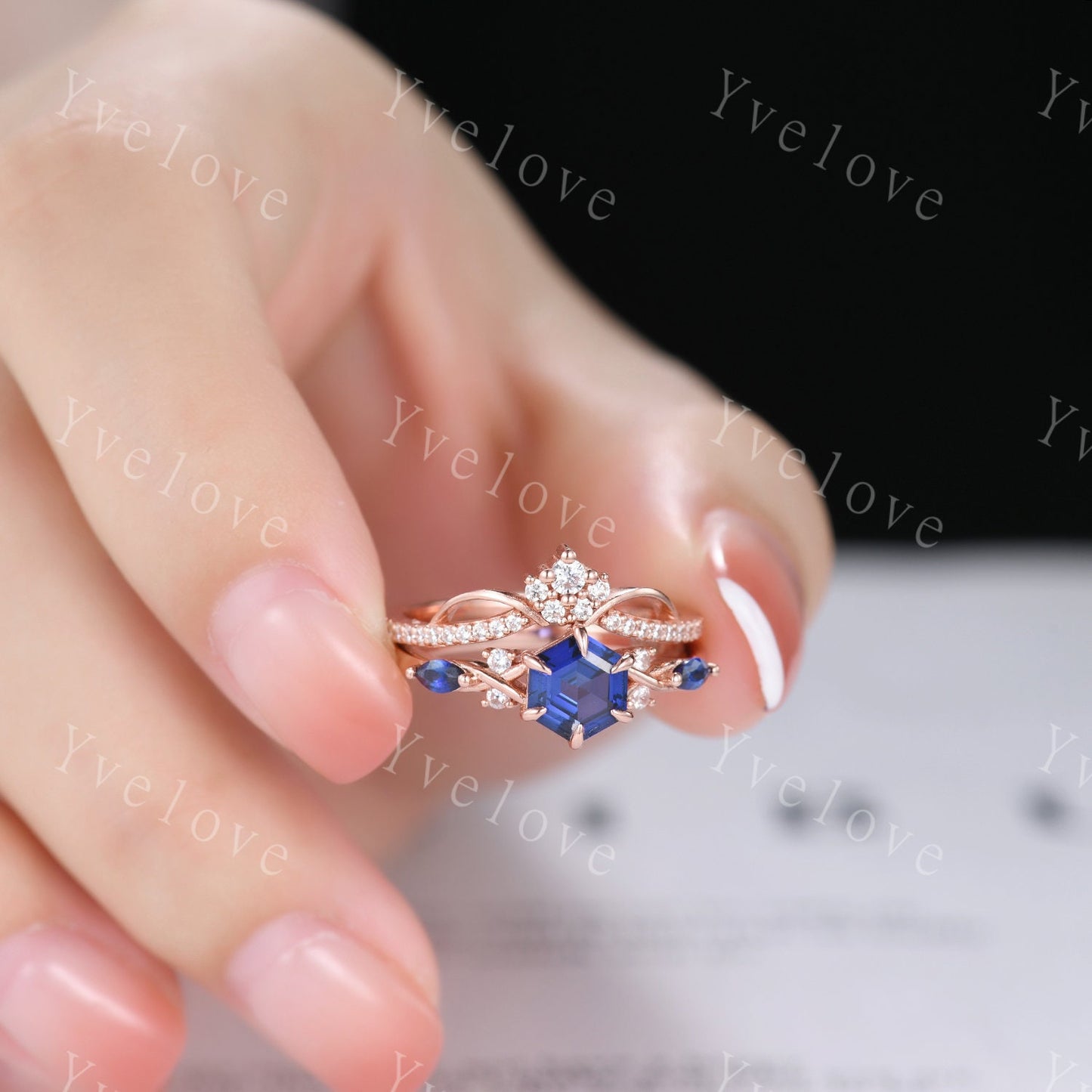 Vintage sapphire engagement ring hexagon sapphire ring rose gold unique floral personalized ring bridal set art deco anniversary ring gift