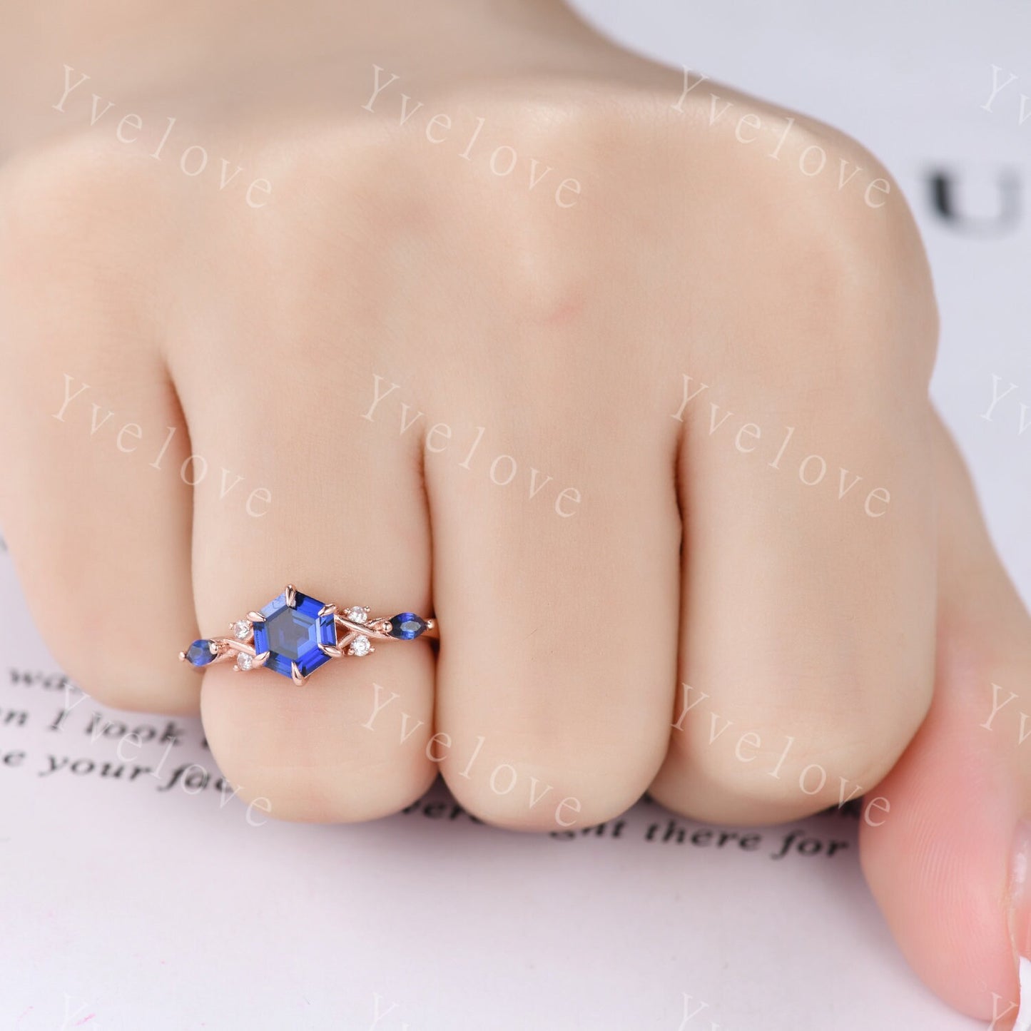 Vintage sapphire engagement ring hexagon sapphire ring rose gold unique floral personalized ring bridal set art deco anniversary ring gift