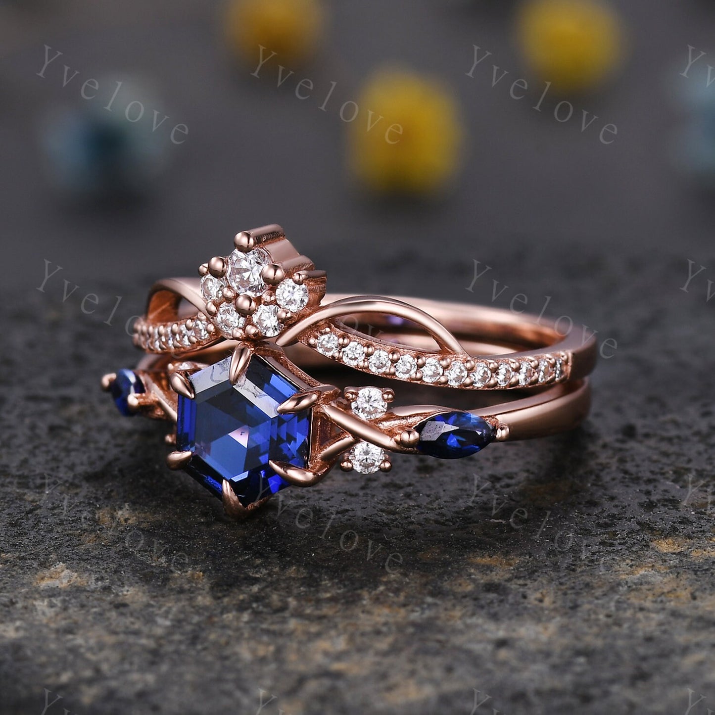 Vintage sapphire engagement ring hexagon sapphire ring rose gold unique floral personalized ring bridal set art deco anniversary ring gift