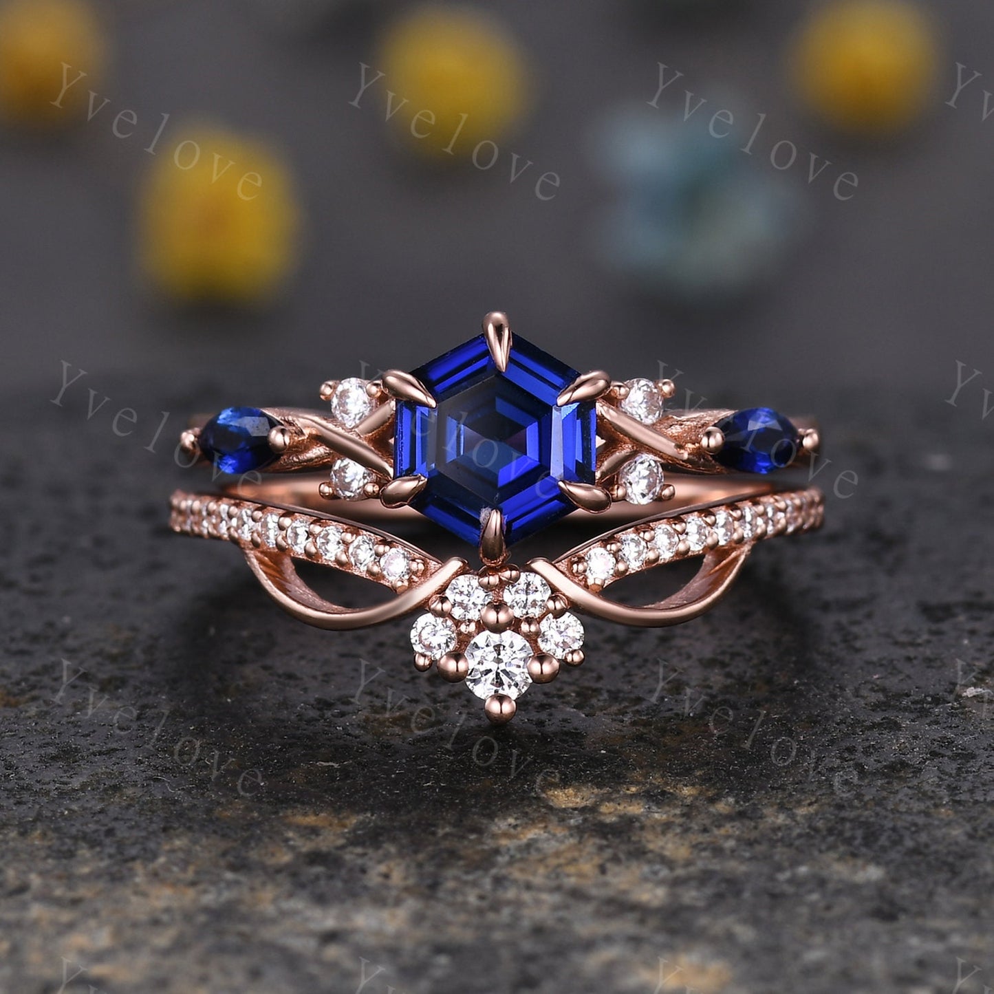 Vintage sapphire engagement ring hexagon sapphire ring rose gold unique floral personalized ring bridal set art deco anniversary ring gift