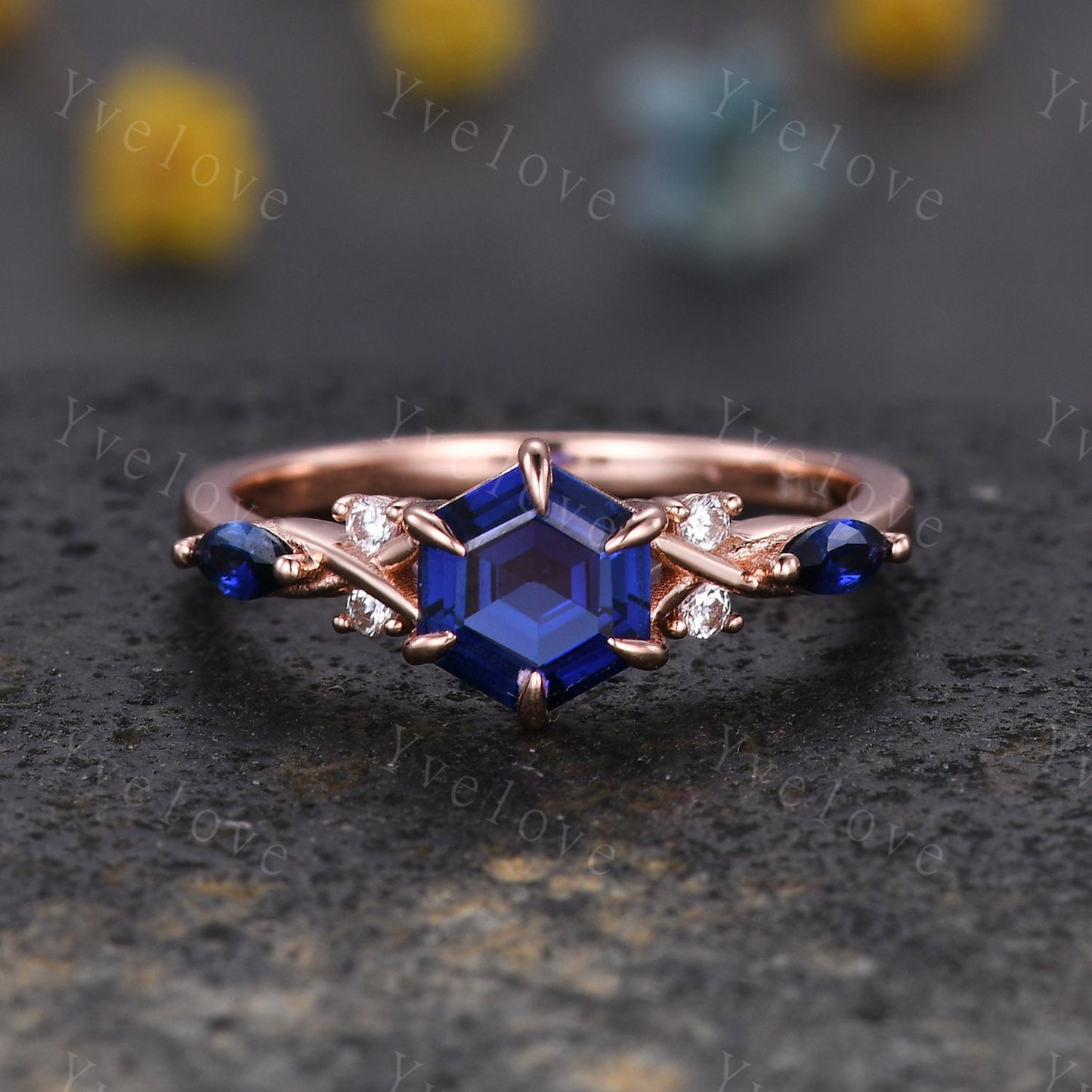 Vintage sapphire engagement ring hexagon sapphire ring rose gold unique floral personalized ring bridal set art deco anniversary ring gift