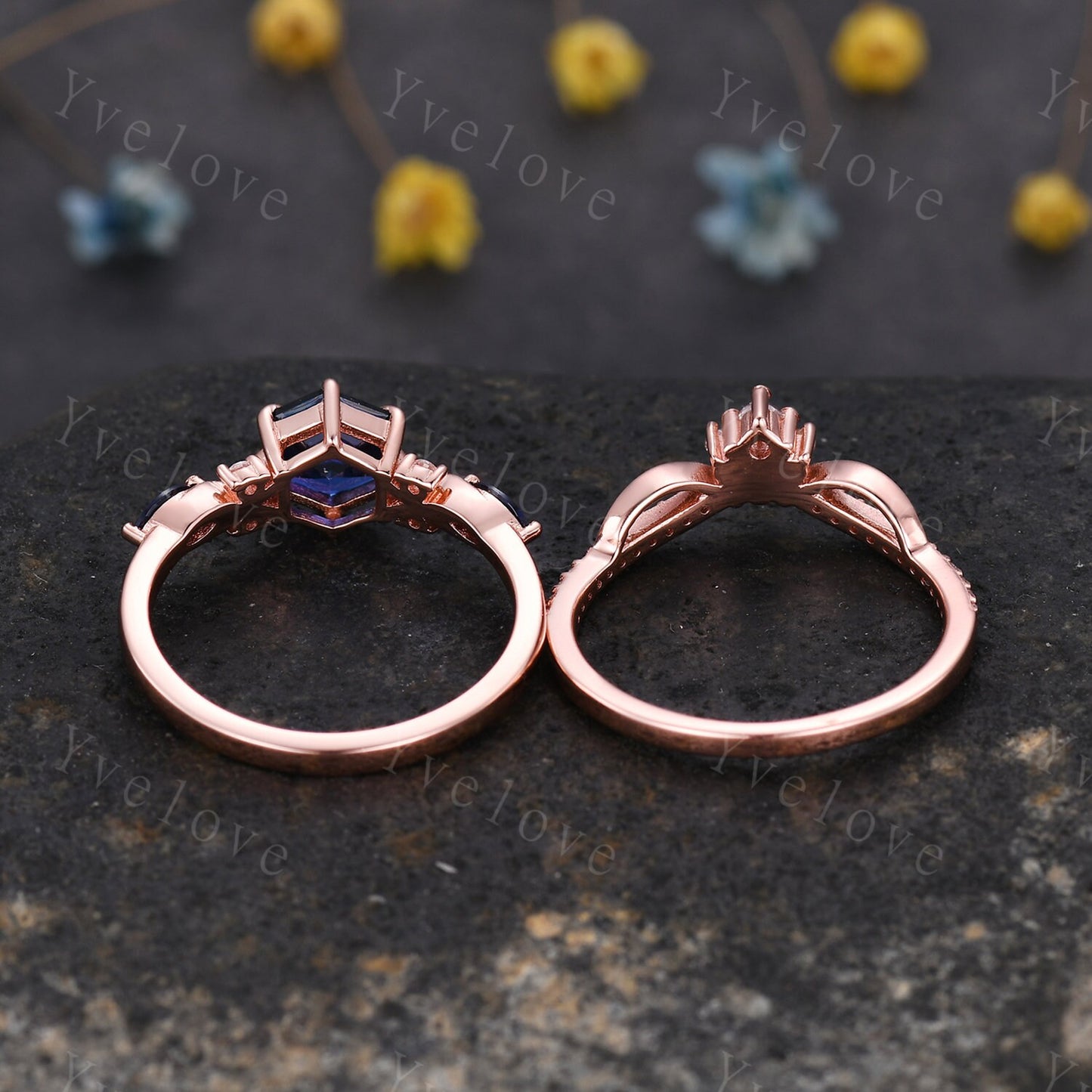 Vintage sapphire engagement ring hexagon sapphire ring rose gold unique floral personalized ring bridal set art deco anniversary ring gift