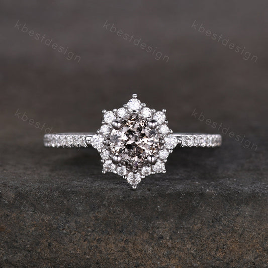 Dainty Salt and pepper diamond engagement ring unique diamond halo engagement ring art deco Bridal Wedding anniversary gift for women