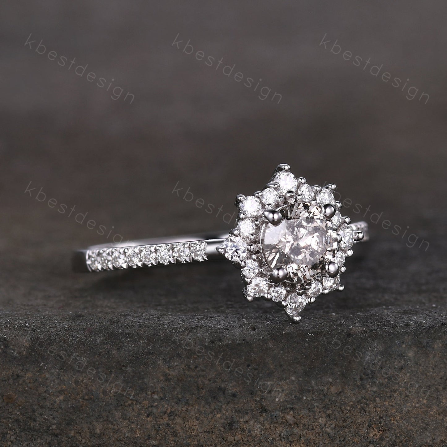Dainty Salt and pepper diamond engagement ring unique diamond halo engagement ring art deco Bridal Wedding anniversary gift for women