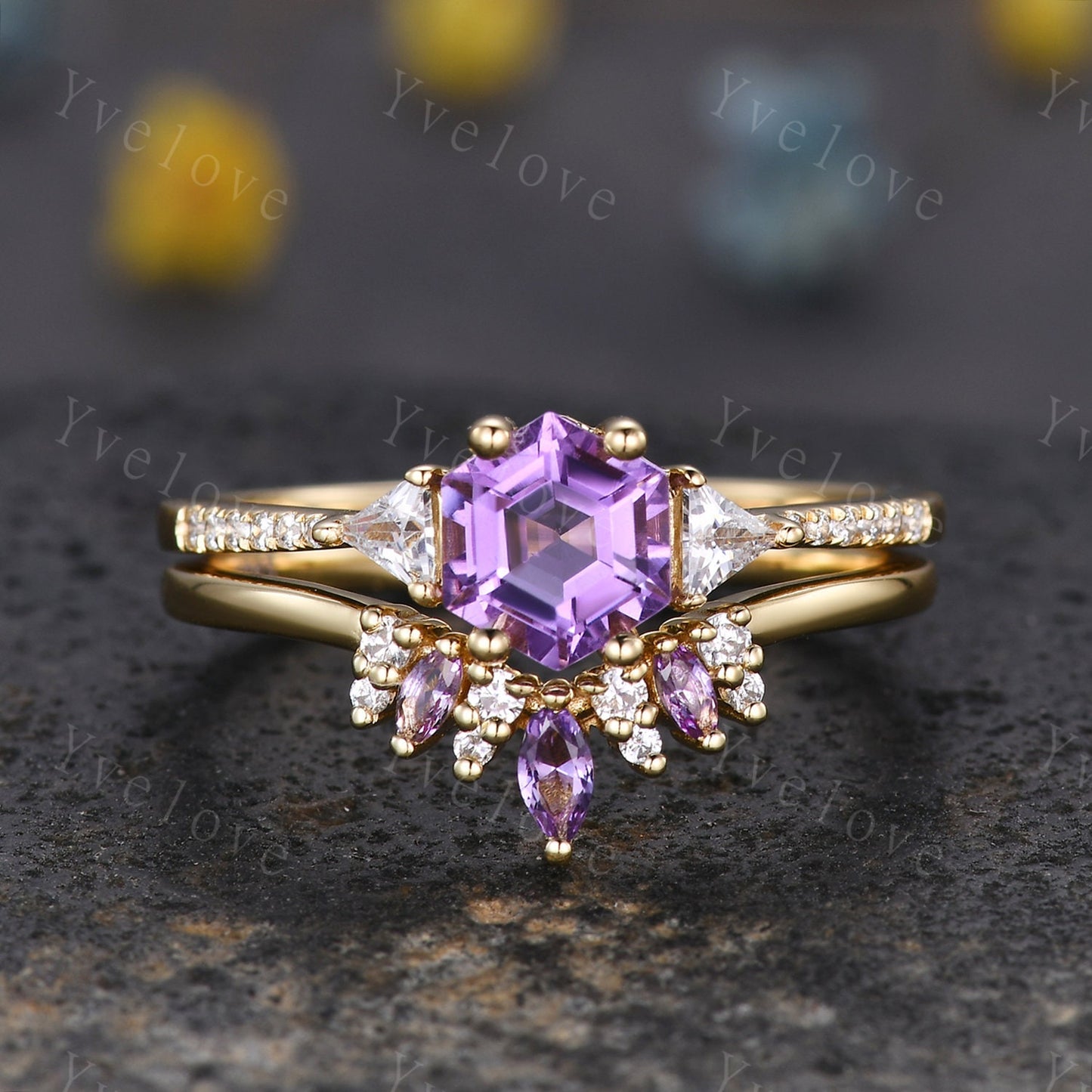 Dainty Amethyst Wedding Band Moissanite Wedding Ring Marquise Amethyst Engagement Ring Stacking Matching Ring Curved Wedding Band Women Gift