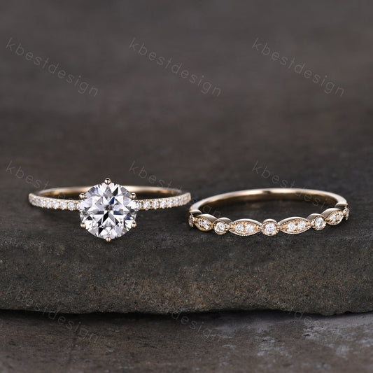 1.2ct round cut Moissanite engagement ring 14k yellow gold solitaire engagement ring art deco stacking matching band unique wedding ring set