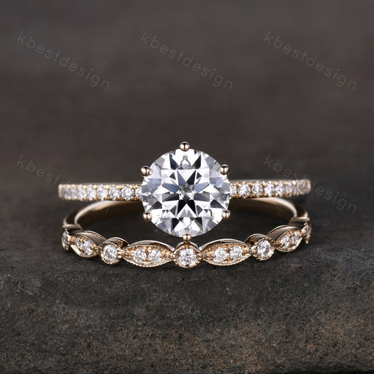 1.2ct round cut Moissanite engagement ring 14k yellow gold solitaire engagement ring art deco stacking matching band unique wedding ring set