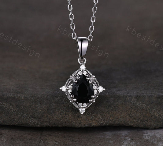 Vintage black onyx necklace sterling silver necklace art deco Personalized pendant for women unique moissanite promise anniversary gift