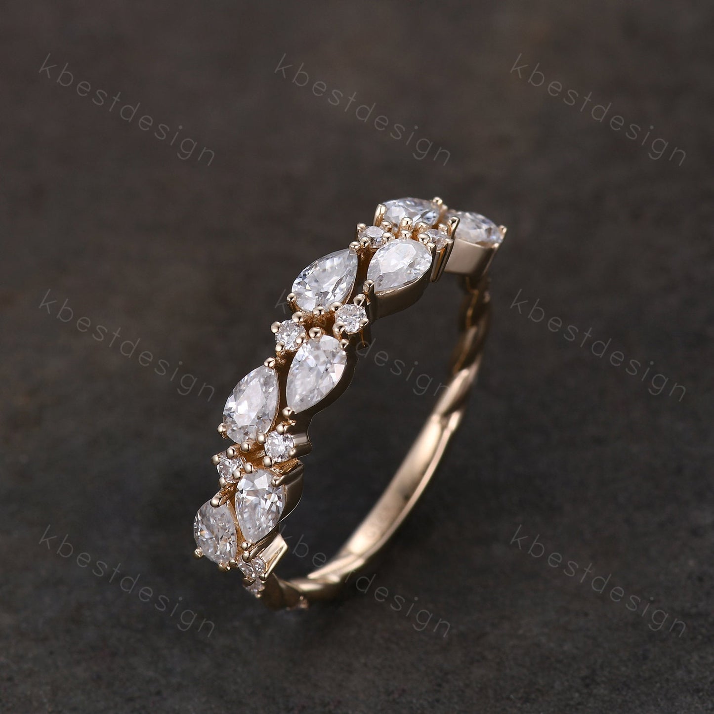 Unique Moissanite wedding band women Pear cut Half eternity band Yellow gold wedding band vintage twisted Stacking bridal ring promise ring