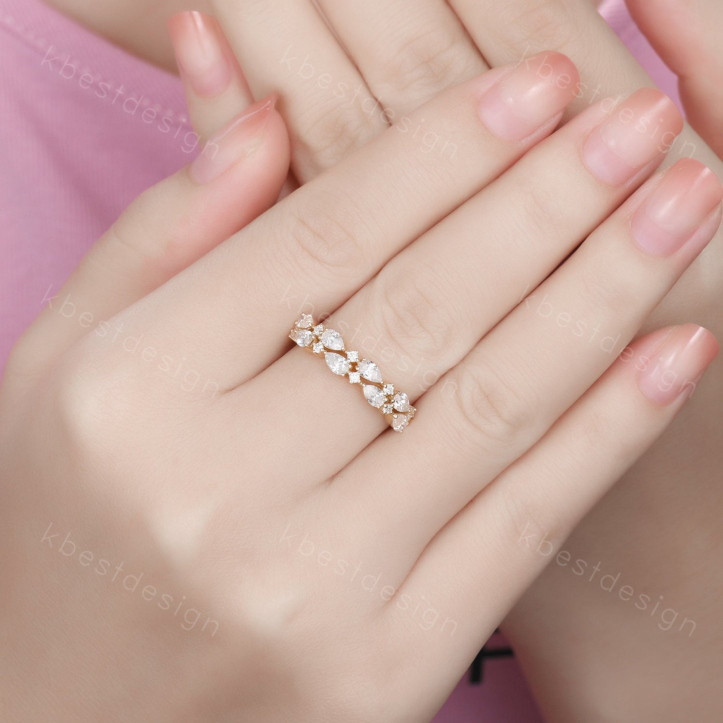 Unique Moissanite wedding band women Pear cut Half eternity band Yellow gold wedding band vintage twisted Stacking bridal ring promise ring