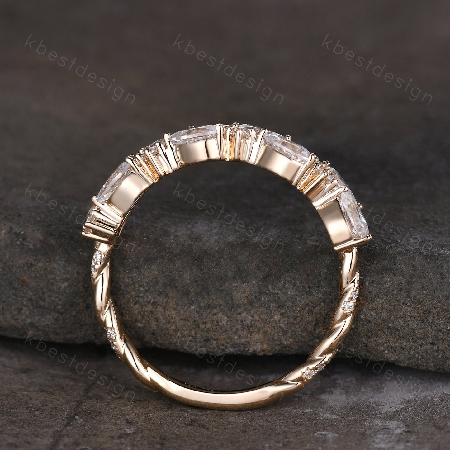 Unique Moissanite wedding band women Pear cut Half eternity band Yellow gold wedding band vintage twisted Stacking bridal ring promise ring