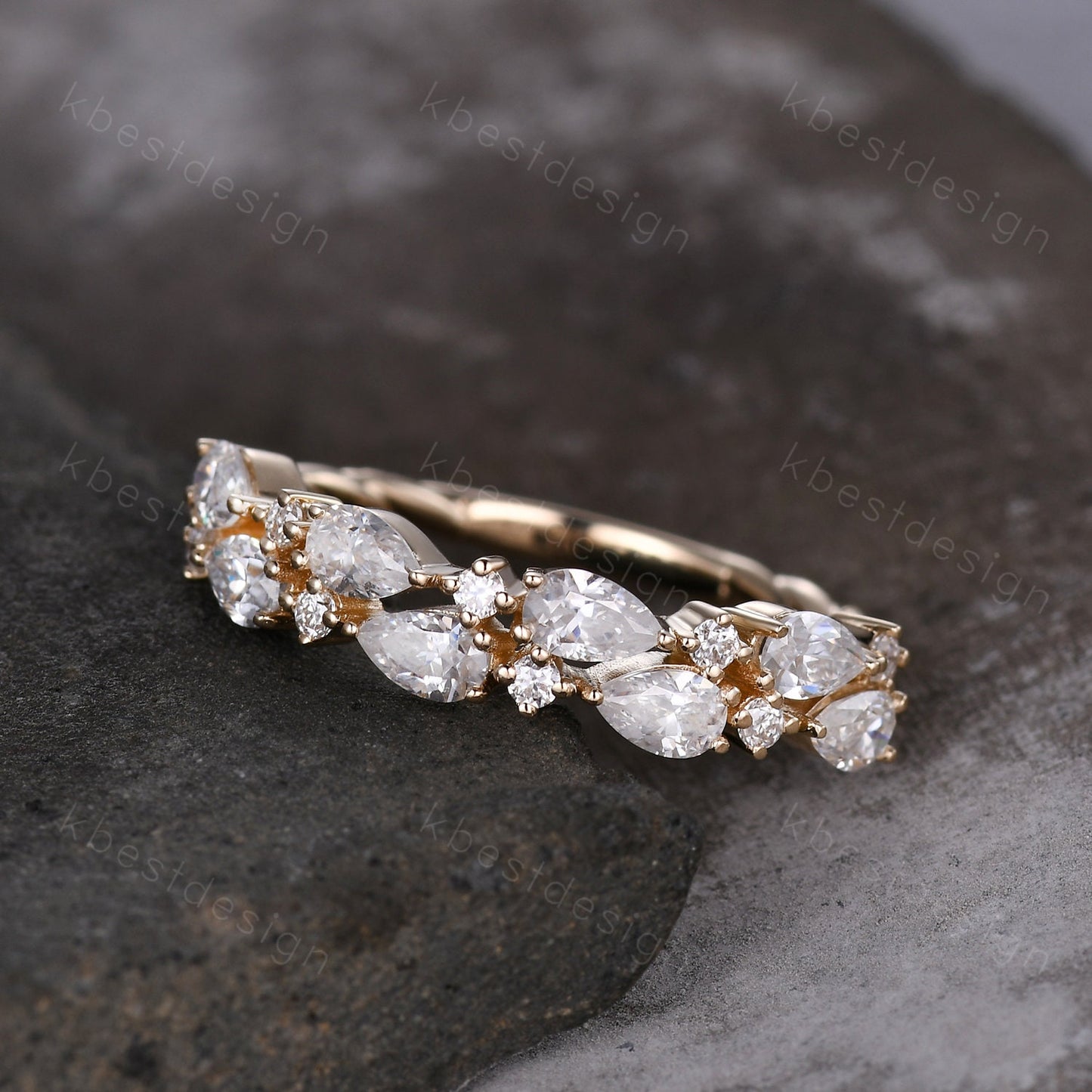 Unique Moissanite wedding band women Pear cut Half eternity band Yellow gold wedding band vintage twisted Stacking bridal ring promise ring