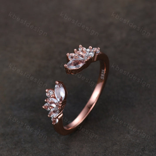 Delicate Aquamarine Wedding Band Rose Gold Open ring vintage petal wedding ring Delicate Stacking matching curved wedding band bridal ring