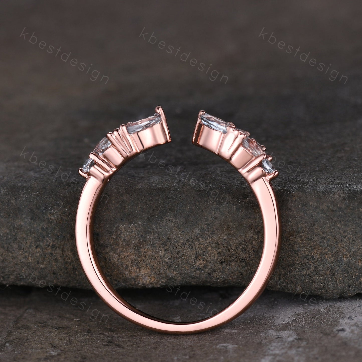 Delicate Aquamarine Wedding Band Rose Gold Open ring vintage petal wedding ring Delicate Stacking matching curved wedding band bridal ring