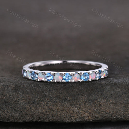 2mm Blue Topaz Wedding Band Sterling Silver Half Eternity Stacking Band Opal Wedding Band Women Matching Band Promise Anniversary Ring