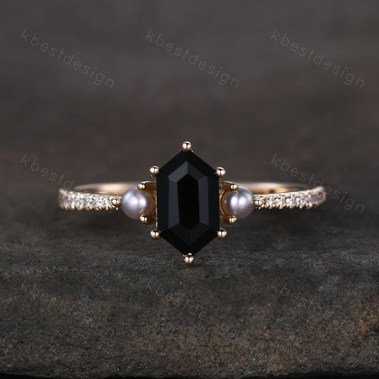 Retro vintage black onyx ring solid gold hexagon cut engagement ring unique pearl three stone ring unique black gemstone promise gift