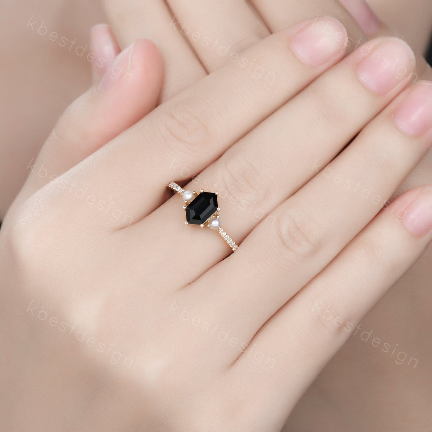 Retro vintage black onyx ring solid gold hexagon cut engagement ring unique pearl three stone ring unique black gemstone promise gift