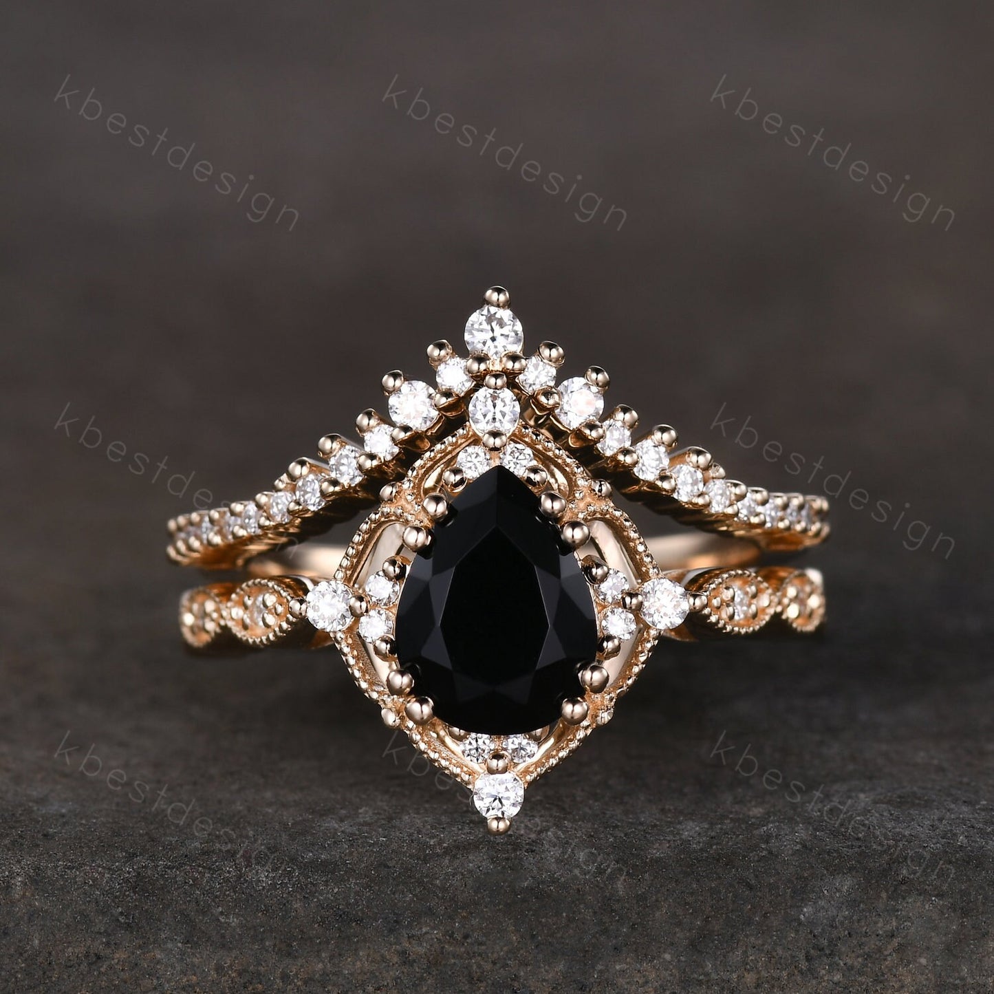 Vintage black onyx engagement ring 14k yellow gold ring art deco curved stacking band pear shaped bridal set unique moissanite wedding set