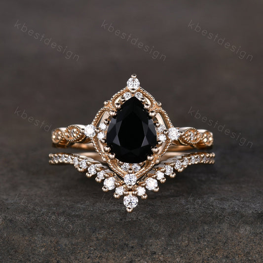 Vintage black onyx engagement ring 14k yellow gold ring art deco curved stacking band pear shaped bridal set unique moissanite wedding set