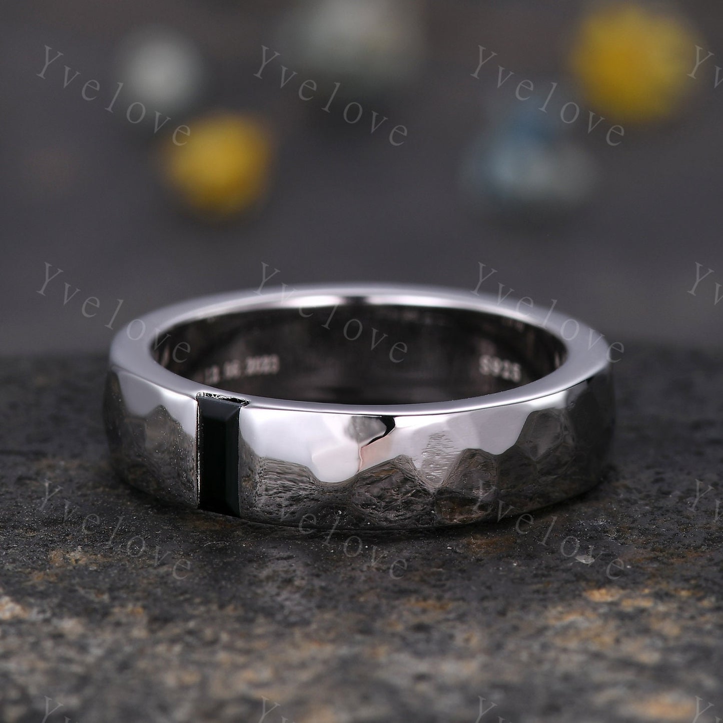Mens Black Onyx Wedding Band Baguette Cut Black Gem Band White Gold Ring Mens Hammered Stacking Matching Band Retro Vintage Ring Gift