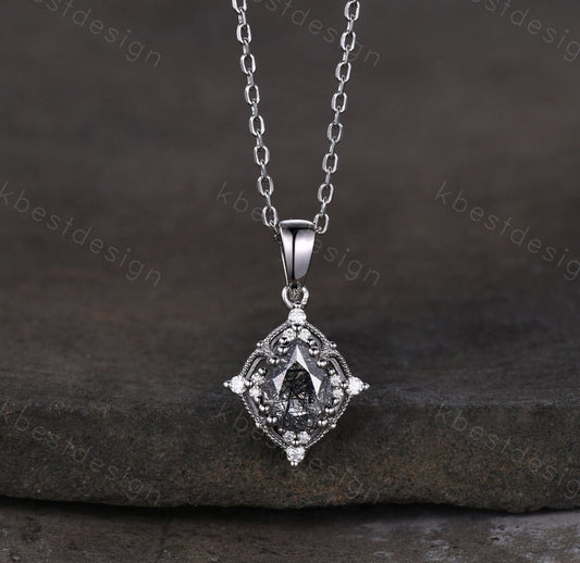 1.5CT Black Rutilated Quartz Necklace, Silver Pear cut Natural Quartz Pendant, Black Rutilated Quartz Jewelry, Unique Gift for Her