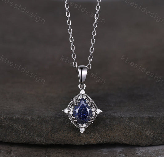 Antique Blue Sandstone Necklace Vintage Pear cut Galaxy Sandstone Pendant Women Silver Necklace Unique Moissanite Pendant Anniversary Gift