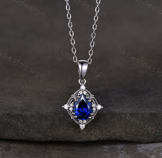 Pear cut Blue Sapphire Necklace Antique Art Deco Moissanite Pendant Necklace 14K White Gold Necklace for Women September Birthstone Jewelry